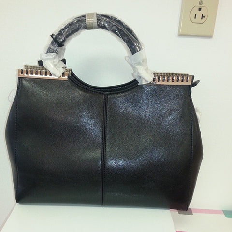 Black Fashion Faux Leather Handbag with Gold Accents