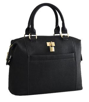 Lock Pendent Faux Leather Tote Bag Black