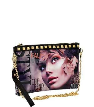 Magazine Picture Cross-Body & Clutch Bag w/Studs Multi